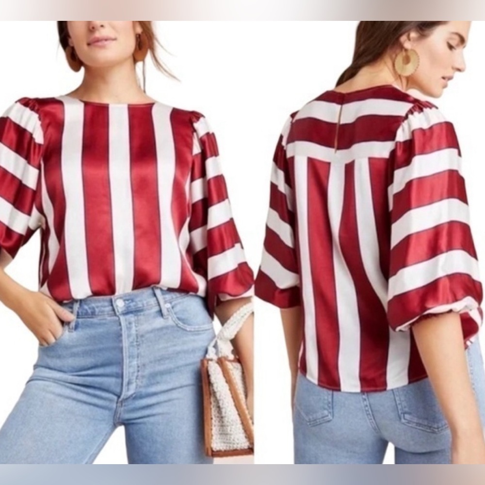 NWT! Anthropologie Maeve Maria Balloon Sleeve Striped Satin Blouse SZ 4